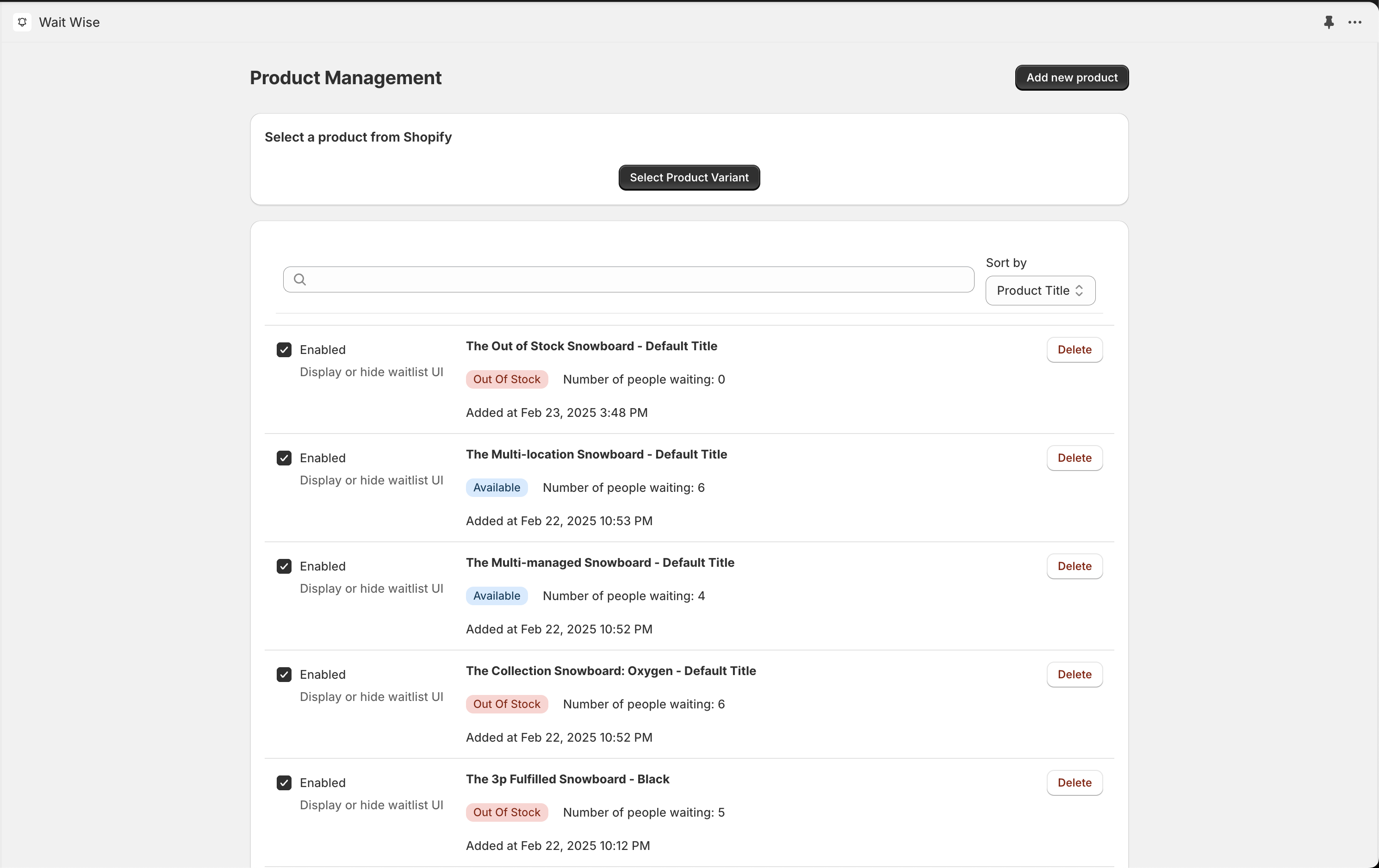 Wait Wise Product Management Interface