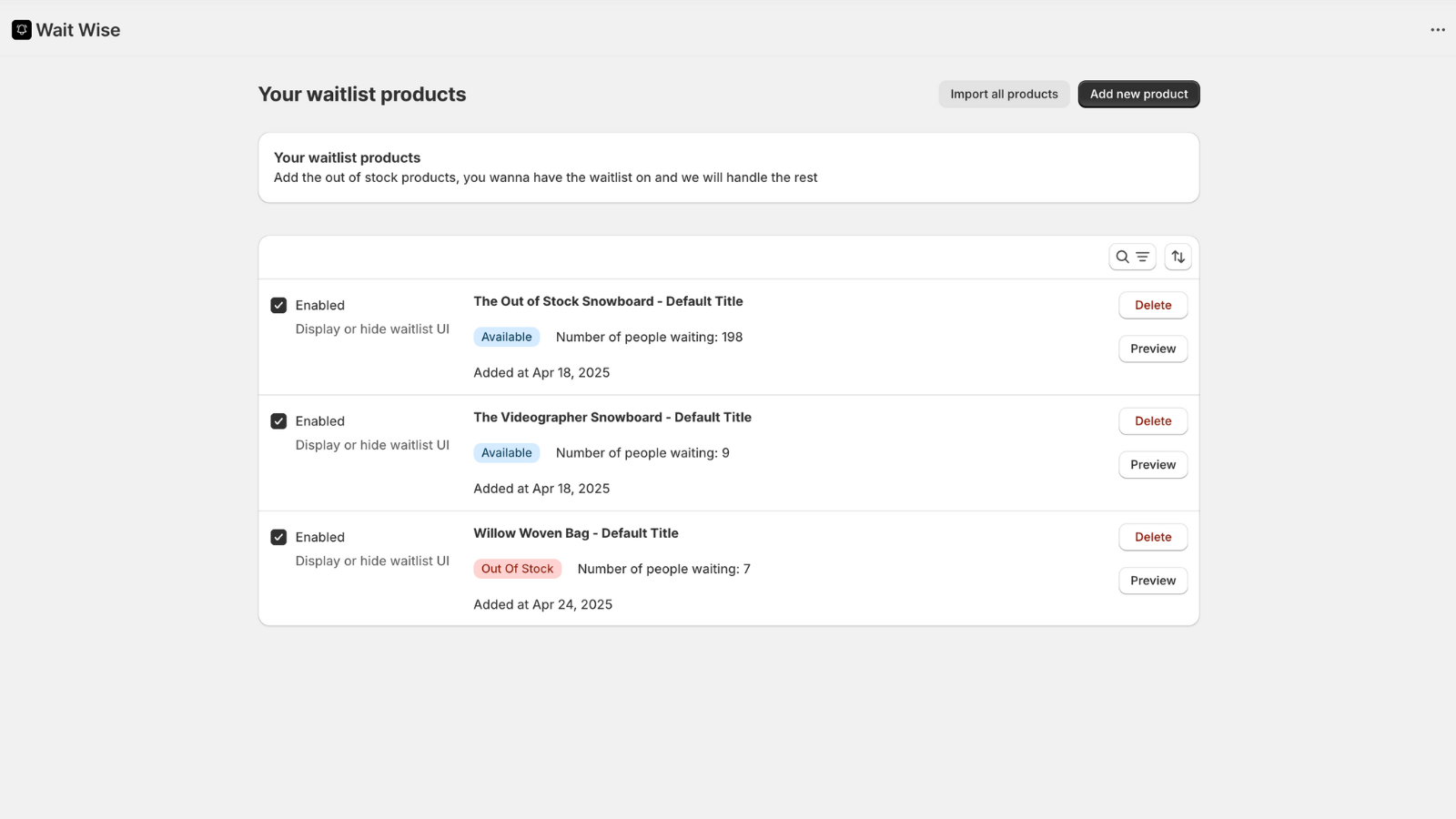 Wait Wise Product Management Interface