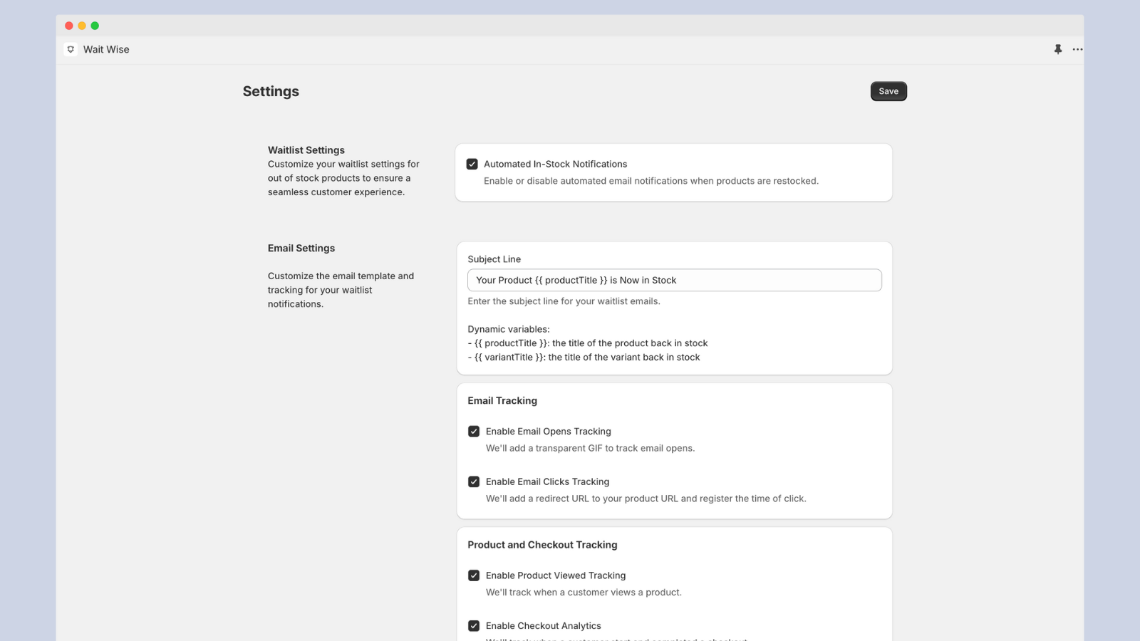 Wait Wise Settings Page